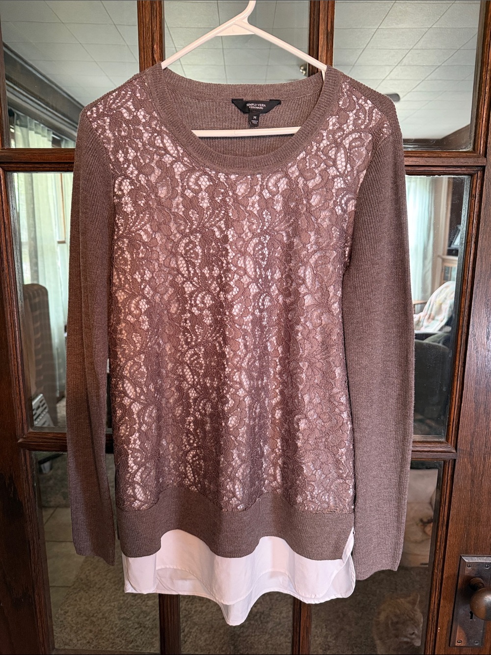 Simply Vera Vera Wang Womens Mauve Brown Lace Front Mixed Media Sweater Size‎ M